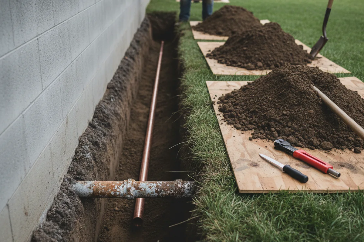 Excavated water line trench during Water Heater Repair in Blythe